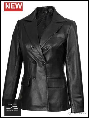 Real Lambskin Leather Jacket Women Double-Breasted Long Moto Coat